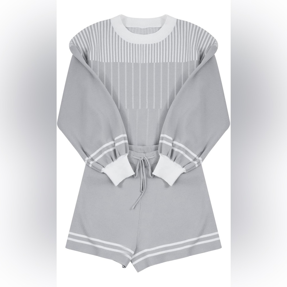 Striped Crewneck Knit Sweater Shorts Set - Picture 2 of 7